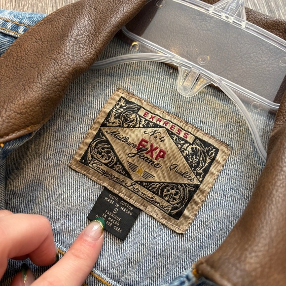 Vintage 90s EXP Express Denim Trucker Jacket with Leather Collar Size S - Picture 3 of 5